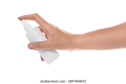 Woman with bottle of insect repellent spray on white background, closeup - Shutterstock ID 1897904872