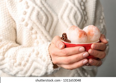 Woman With Bowl Of Snow Ice Cream, Closeup