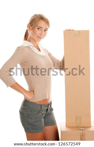 Woman with boxes isolated on white background
