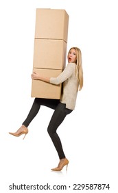 Woman With Boxes Relocating To New House Isolated On White