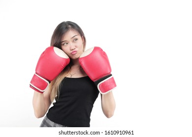 Woman With Boxing Gloves. Asian Female Boxer On White