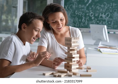 Woman And  Boy Playing With Wooden  Blocks Together