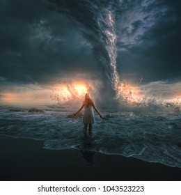 A woman bravely stands in front of a large tornado over the ocean. 3D digital illustration