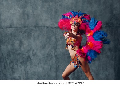 Woman In Brazilian Samba Carnival Costume With Colorful Feathers Plumage.