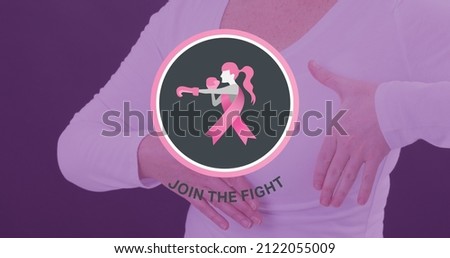 Woman with breast cancer awareness ribbon and slogan against purple background, copy space. breast cancer awareness campaign and vector concept.