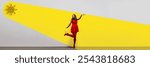 Woman in bright red dress standing joyfully under yellow light with sun element. Happiness, warmth, and optimism. Contemporary art collage. Concept of psychology, feelings, mental health