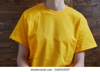 Woman In Bright Yellow Tshirt In A Room, Blank, Loose Fit