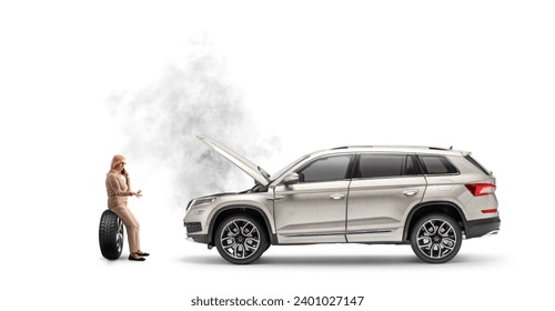 Woman with a broken down car sitting on a tire and calling road assistance company isolated on white background - Powered by Shutterstock