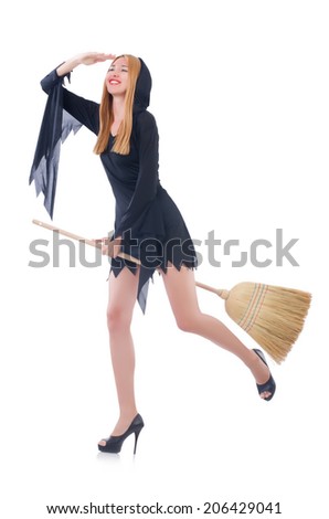 Woman with broom on white