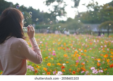 Woman Brow Soap Bubbles At Cosmos Field