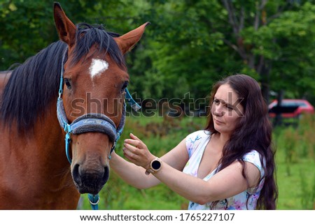 Woman with brown horse in summer