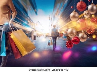 A woman in a brown sweater walks with shopping bags in a busy retail environment while Christmas ornaments hang overhead. - Powered by Shutterstock