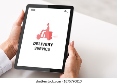 Woman Browsing Delivery Service App On Digital Tablet, Holding Tab Computer With Red Icon Of Courier Guy Riding Scooter On Screen, Enjoying Modern Technologies For Shopping And Shipping, Collage - Shutterstock ID 1875790813