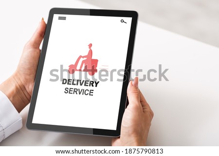 Woman Browsing Delivery Service App On Digital Tablet, Holding Tab Computer With Red Icon Of Courier Guy Riding Scooter On Screen, Enjoying Modern Technologies For Shopping And Shipping, Collage