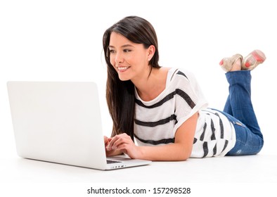 Woman Browsing On Laptop Computer Isolated Stock Photo 157298528 ...