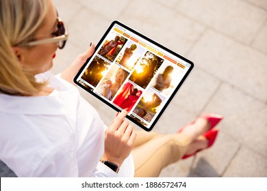 Woman browsing pinned photos online for ideas and inspiration on beautiful fashion photos.