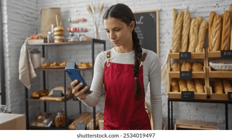 Woman brunette wearing red apron browsing phone in cozy bakery surrounded by fresh breads - Powered by Shutterstock