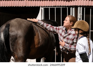 Woman brushing a dark horse with child girl observing near a stable. Routine on a farm, taking care of animals in the countryside - Powered by Shutterstock