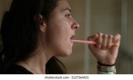 Woman Brushing Teeth Before Bed Person Night Routine Casual And Real Life