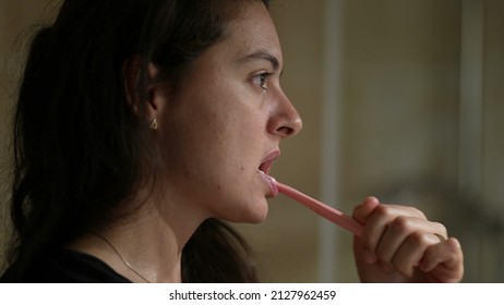 Woman Brushing Teeth Before Bed Person Night Routine Casual And Real Life