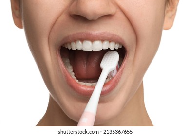 Woman Brushing Teeth On White Background, Closeup. Dental Care