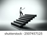 Woman in business attire climbing black abstract stairs on a white background. Concept of career growth, leadership, and ambition