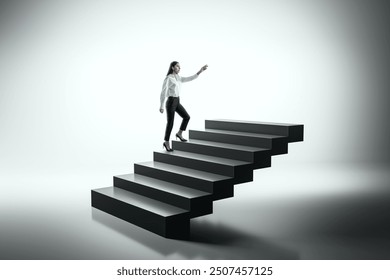 Woman in business attire climbing black abstract stairs on a white background. Concept of career growth, leadership, and ambition