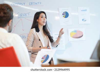 Woman business coach speaker give presentation speaker presenter consulting reporting presenting to CEO or group leader explain graph strategy profit growth result in company meeting  - Shutterstock ID 2129964995