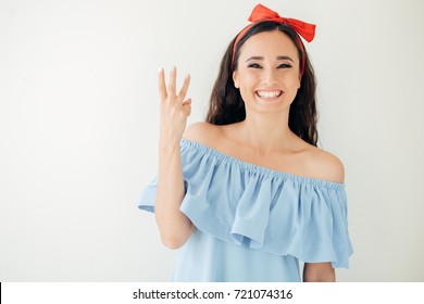 Woman Business Executive Showing 3 Or Three Fingers Hand Gesture.