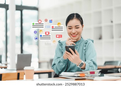 woman in business suit is engaged with her smartphone, surrounded by social media notifications. This scene captures modern connection between technology and communication, reflecting busy.