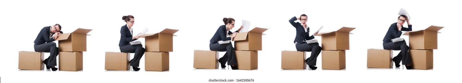 Woman businesswoman with boxes on white - Shutterstock ID 1642500676