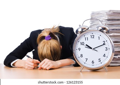 Woman businesswoman with giant alarm clock