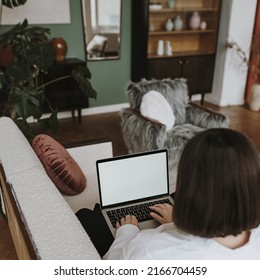 Woman, Businesswoman Using Laptop Computer. Shopping Online, Branding Online Store, Sending Message, Make Video Call, Sending Email, Writing Text, Work. Blank Copy Space Mockup Screen Template