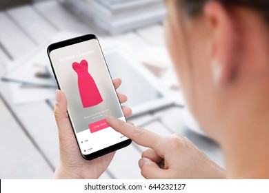 Woman Buy Dress Online With Mobile Phone App. Shopping Online.