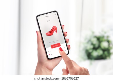 Woman Buy Red Shoes Online With E-commerce App Or Web Site With Smart Phone. Modern Flat Design Interface