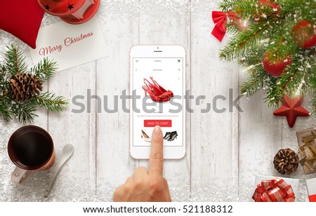 woman buy shoes online with mobile phone during christmas time table with christmas decorations - Cheap Christmas Decorations Online woman buy shoes online with mobile phone during christmas time table with christmas decorations - Cheap Christmas Decorations Online