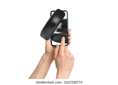 Woman Buying Car Tires From Online Auto Store Via Smartphone On White Background, Closeup. Delivery Service