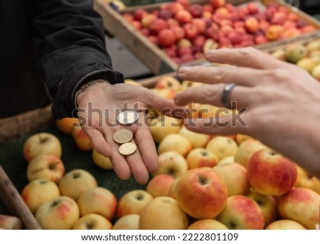 A woman buys apples and pays with cash coins for purchases at an open food market, Austria, Salzburg