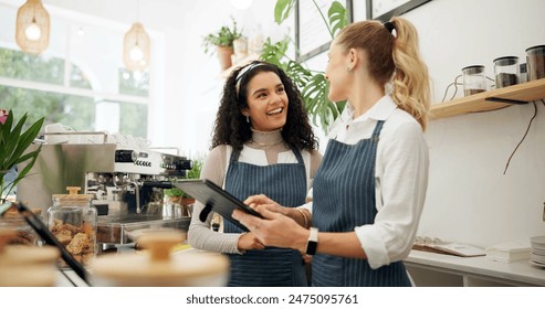 Woman, cafe and employees talking with tablet, happy and laughing in conversation or learning with new staff. Digital, small business or touch screen systems, online search or program with teamwork - Powered by Shutterstock