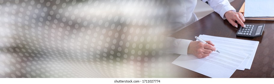 Woman With Calculator Doing Her Accounting; Panoramic Banner