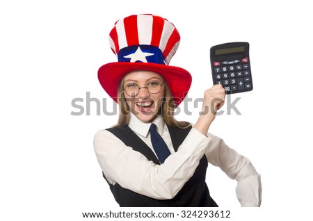 Woman with calculator isolated on white