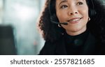 Woman, call center and thinking with headset, smile and listen for customer service in office. Person, consultant or agent with problem solving, microphone or voip connection for support at help desk