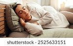 Woman, calm and sleeping on bed for relax, comfortable and afternoon nap with peace, quiet and dream. Female person, fatigue and rest in home on weekend for chill, break and tired with relief or cozy