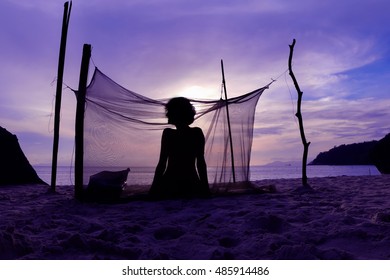 Woman Camping Alone On The Beach At Ang Thong Island.Thailand
