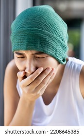 Woman Cancer Patient Suffering From Radiation Nausea And Vomiting, Negative Side Effect Due To Chemotherapy Or Radiation Therapy Breast Cancer Treatment