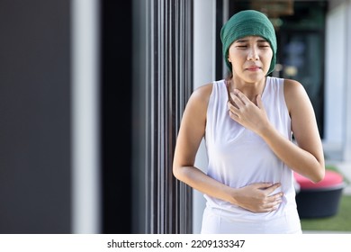 Woman Cancer Patient Suffering From Radiation Nausea And Vomiting, Negative Side Effect Due To Chemotherapy Or Radiation Therapy Breast Cancer Treatment