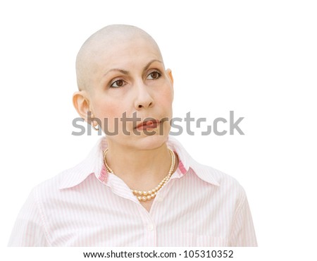 Woman cancer patient undergoing chemotherapy and suffering hair loss. Portrait looking sideways. Real woman diagnosed with ovarian and breast cancer. Isolated over white background.