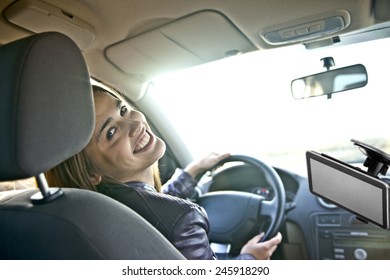 Woman In Car Indoor Keeps Wheel Turning Around Smiling Looking At Passengers In Back Seat Idea Taxi Driver Talking To Police Companion Companion Who Asks For Directions Right To Drive Documents Exam