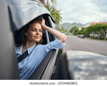 Woman in car, looking out window with head resting against it, hands on head, appears thoughtful and pensive, sitting in passenger seat, expressing melancholy or contemplation during a journey - Powered by Shutterstock