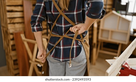 Woman carpenter, a glimpse of expert hands at work in carpentry, wearing apron, standing backwards in industry workshop - Powered by Shutterstock